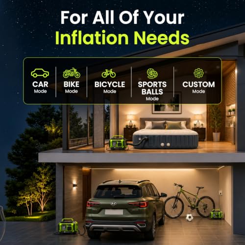 Image of Portronics Vayu Air Pro 5-in-1 Portable Tyre Inflator, Corded & Cordless, Inflate & Deflate, 5W USB Output, 150 PSI, 6000mAh Battery, Auto Shut-Off, LED Display, for Car, Bike & Inflatables (Green)