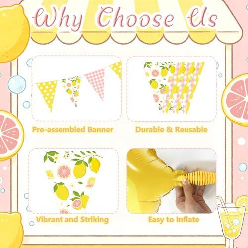 Image of Pink and Yellow Lemon Triangle Banner Balloons Lemonade Bar Stand Supplies Amalfi Coast Hawaiian Luau Summer Birthday Party Decorations Baby Shower Freshly Graduated Lemon Themed Party Decor