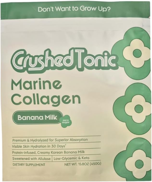 Crushed Tonic Korean Beauty Collagen Powder | Hydrolyzed Marine Collagen Peptides | K-Beauty Drink | Gluten-Free, Halal & Kosher (Sugar Free Banana, 30 Servings (150 g), Pouch)