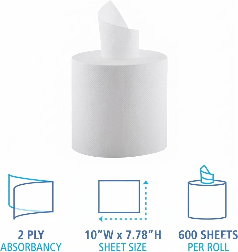 Bulk 12 Pack Center Pull Paper Towels - 2 Ply Perforated Hand Towels (600 Sheets/Roll) 7,200 Total Sheets - 7.5" x 9" Commercial Hand Wipes for Offices, Gyms and Food Service