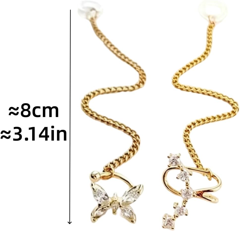 3Pairs Hearing Aid Clips Butterfly Star Crystal Gold Tone Lanyard