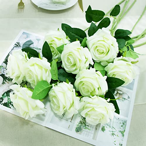 Roucarmantic 10Pcs Green Roses Fake Roses Artificial Flowers Faux Roses With Stems For Home Decoration Wedding Bouquet Centerpieces Arrangement, Light Green #TOP5
