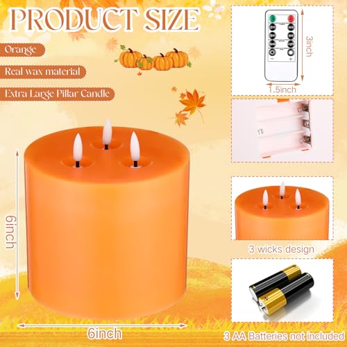 Image of Retisee 2 Pack Orange Extra Large Flameless Candles 6 inch x 6 inch | LED Battery Operated, 3 Wicks Flickering Pillar Candle, Remote Control Timer, Wedding Christmas Party Decoration