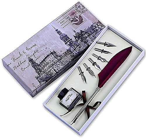 Quill Pen,Antique Feather Quill and Ink Set Calligraphy Pen Set Writing Quill Ink Dip Pen with Ink and 5 nibs,Wedding Birthday Gift Set