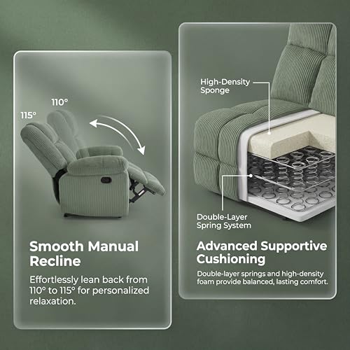 Image of Oversized Corduroy Recliner Chair, Manual Lazy Boy Recliner with Home Theater Seating, Breathable Living Room Reclining Chair for Adults Reading, Gaming, Relax, Green