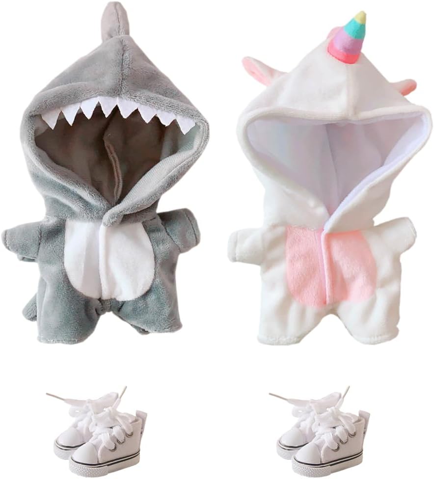 niannyyhouse 20cm Doll Clothes Onesies Shoes Shark Unicorn Pattern 8-inch Plush Stuffed Animals 2 Outfits