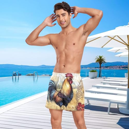 Mens Swim Trunks with Liner, Rooster Farm Vintage Cool Quick Dry Beach Swim Shorts, Swimwear Bathing Suits S4