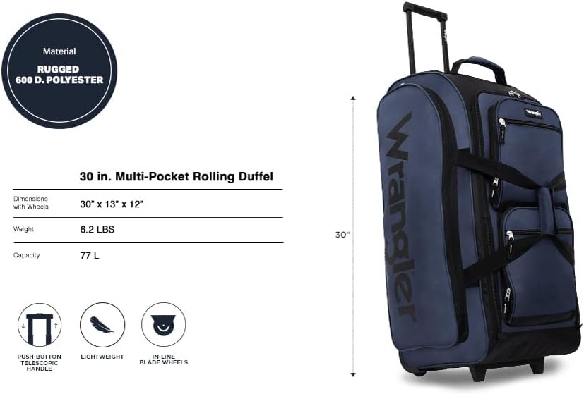 wrangler wesley rolling duffel bag navy blue