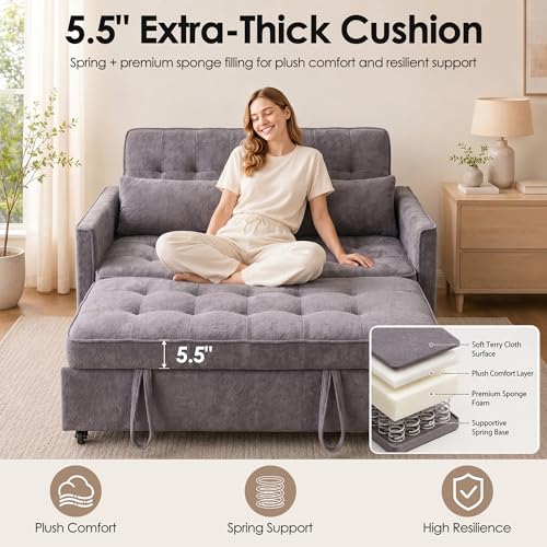 Image of Dreamzie 55'' 3 in 1 Convertible Sofa Bed with USB Charging Ports, Pull Out Couch with Adjustable Backrest and Side Pockets, Sleeper Sofa for Living Room, Apartment, RV, Easy Assembly - Grey