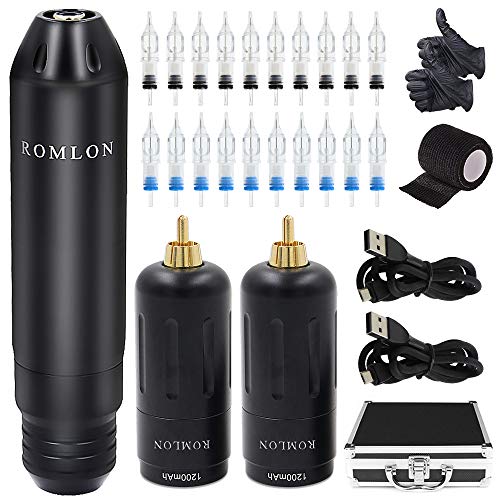 Romlon Tattoo Kit Wireless - Rotary Tattoo Machine Pen Kit Wireless Tattoo Power Supply 2Pcs 1200mAh Tattoo Battery 20Pcs Pro Tattoo Needles Cartridge Black Tattoo Machine Tape for Tattoo Supply