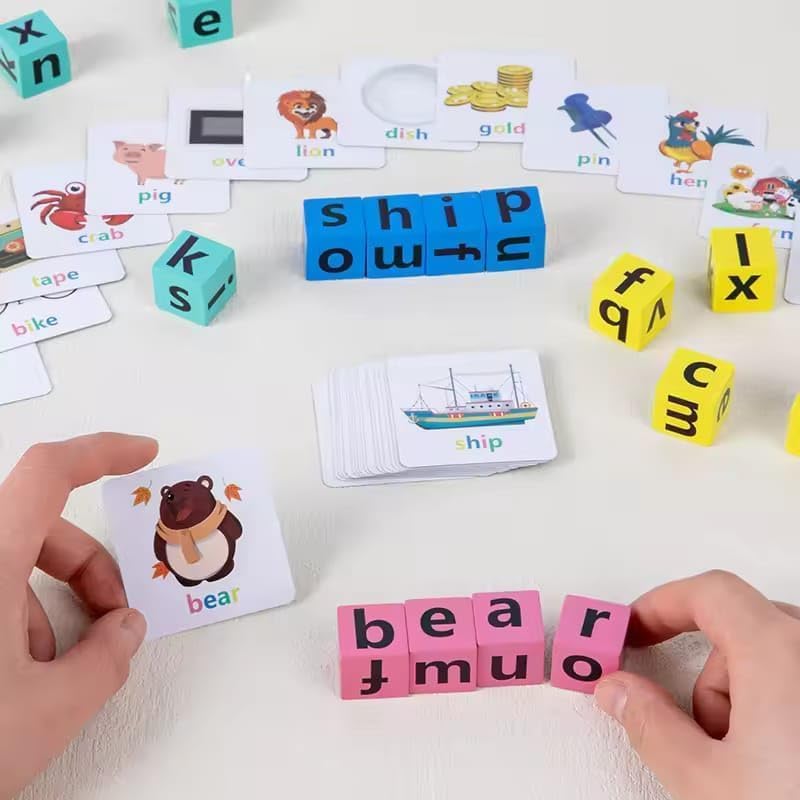 Image of Wooden Alphabet Spelling Game Montessori Learning Toy for Kids Educational Game for Word Building, Spelling & Early Aducation Toy 3+ Years 20 Letter Cubes 64 Flashcards 1 Bell