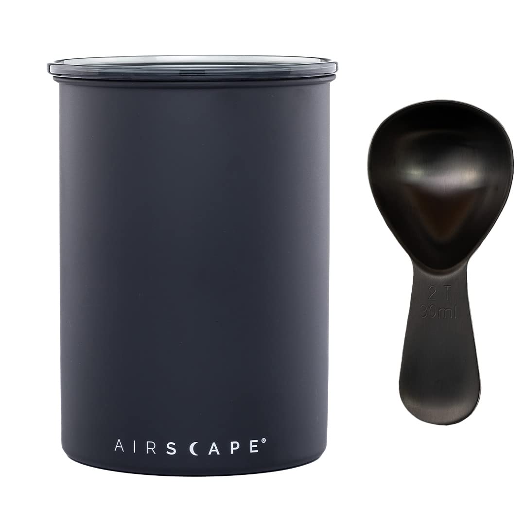 Airscape Stainless Steel Coffee Canister & Scoop Bundle - Food Storage by Planetary Design – Medium, 500 milliliters, Stainless Steel, Matte Black, Brushed Black