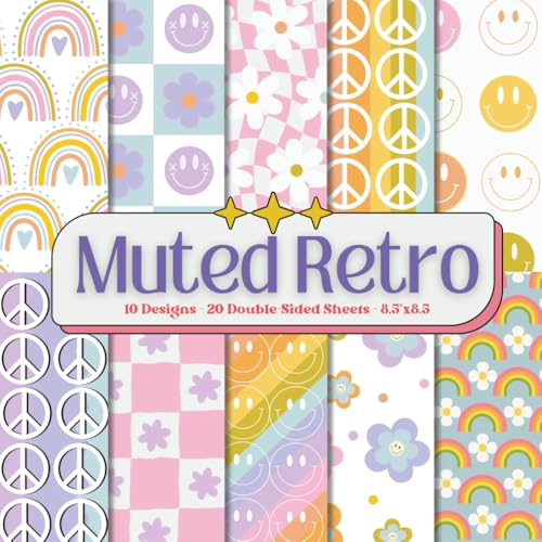 Muted Retro Scrapbook Paper Craft Pad: 10 Cute Groovy Designs, 20 Double-Sided Sheets Printed on 8.5"x8.5" Sized Paper With Premium Color. Perfect for ... Cardstock, Gift Wrapping, DIY Project Etc.