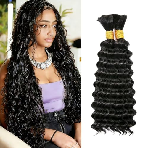 Human Braiding Hair for Boho Braids 100% virgin Human Hair 110g 16-24 Inch Curly Knotless 12A Deep Wave Bulk Bohemian Braiding Hair for 2 Bundles/Pack Extensions (Natural Black-Deep Wave, 18 Inch)
