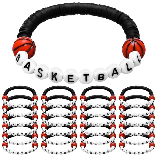 Trnayi 24 Pcs Basketball Bracelets Party Favors Charm Basketball Stackable Clay Beaded Bracelets for Teens Team Party Gifts(Black)