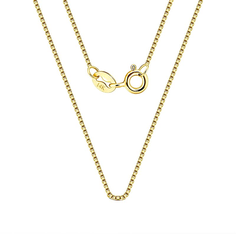 14K Solid Yellow Gold Box Chain Necklace for Women & Men, 0.6mm or 1mm Thin Chain, Length Options 16