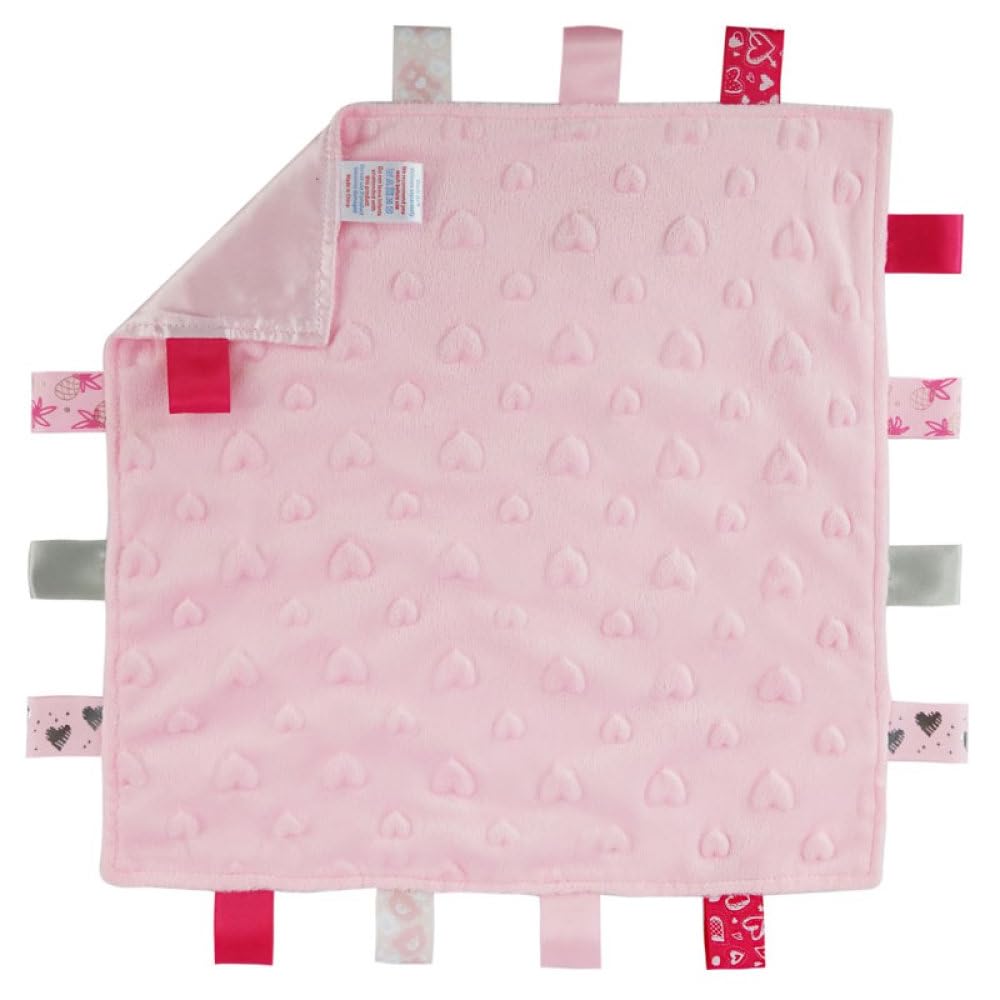 Mayra Hosiery Soft-Touch | Newborn Baby Taggy Blanket Comforter | Embossed Sensory Tags & Ribbons | Soft Flannel Back 35 x 35cm | 100% Polyester (Pink heart)