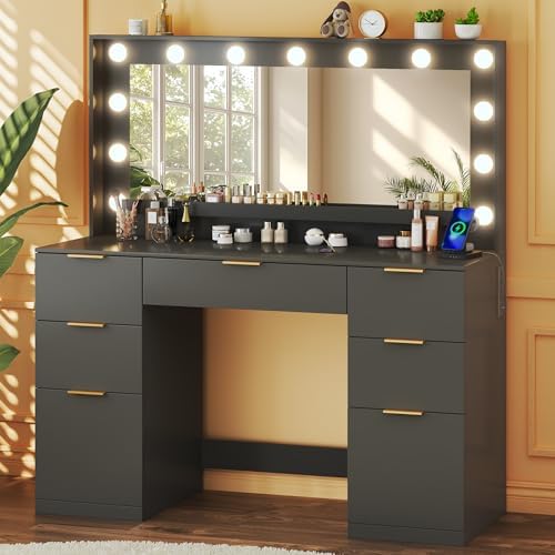 HUAHUU Vanity Desk with Mirror and Lights, 45.3in Makeup Vanity with 7 Drawers & Large Mirror, with 3-Color Adjustable Lighting & Power Outlet, Black Vanity Desk for Bedroom
