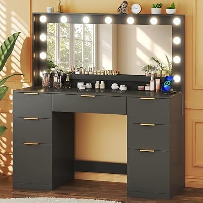 HUAHUU Vanity Desk with Mirror and Lights, 45.3in Makeup Vanity with 7 Drawers & Large Mirror, with 3-Color Adjustable Lighting & Power Outlet, Black Vanity Desk for Bedroom