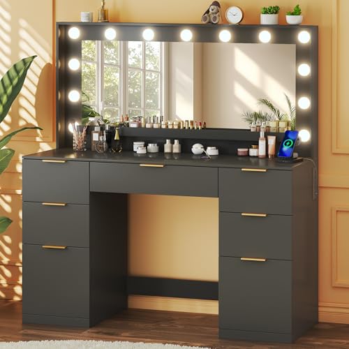 Image of HUAHUU Vanity Desk with Mirror and Lights, 45.3in Makeup Vanity with 7 Drawers & Large Mirror, with 3-Color Adjustable Lighting & Power Outlet, Black Vanity Desk for Bedroom