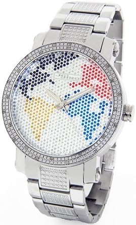Real Diamond Watch Mens World Map Silver Tone Case Metal Band mj-1030