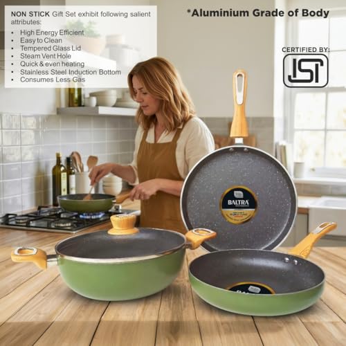 Image of BALTRA Duron Greblon Non-Stick 4 Pc Cookware Set with Glass Lid | 5 Layer Coating | Gas & Induction Compatible | Dosa Tawa 24cm | Fry Pan 24cm | Kadai 24cm | ISI Certified | 1 Yr Warranty