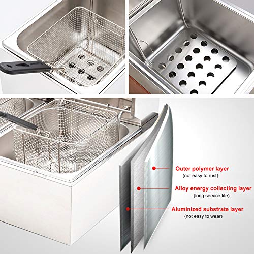 ColouredPeas Commercial Deep Fryer with Basket & Lid 6.3QT/6L Stainless Steel Double Countertop Tank Electric Deep Fryer for French Fries Fried Chicken Machine Plug (Single Countertop/6L)