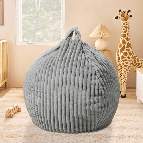 Image of HABUTWAY 2FT Bean Bag Chair, 2' Bean Bag Chairs with Memory Foam Filled, Small Comfy Beanbag Chair with Stripe Plush Cover for Living Room Bedroom Dorm,Grey