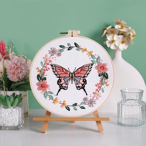 Image of GLTAYLMY Butterfly Embroidery Kit for Beginners Adults, 3 Sets Hand Embroidery Starter Kit with Flower Pattern and Instructions Stamped Cross Stitch Kits Include Embroidery Hoop Needles Threads