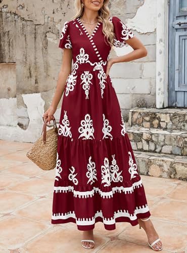 Image of PRETTYGARDEN Womens 2026 Summer Casual V Neck Boho Maxi Dress Flowy Aline Bell Sleeve Tiered Floral Dresses with Pocket