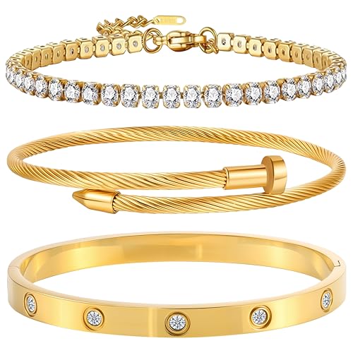 Camhanno Gold Bracelets for Women- 18K Gold Plated Stainless Steel Love Bangle, Nail & Tennis Bracelets Stack Set for Women with Gift Box |Accessories Designer Jewelry (Gold Bracelets)