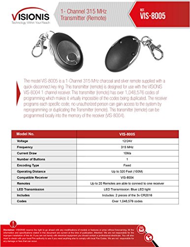 image for Visionis FPC-5228 2 Mini 315mhz Wireless Fixed Code Remote with One Ch