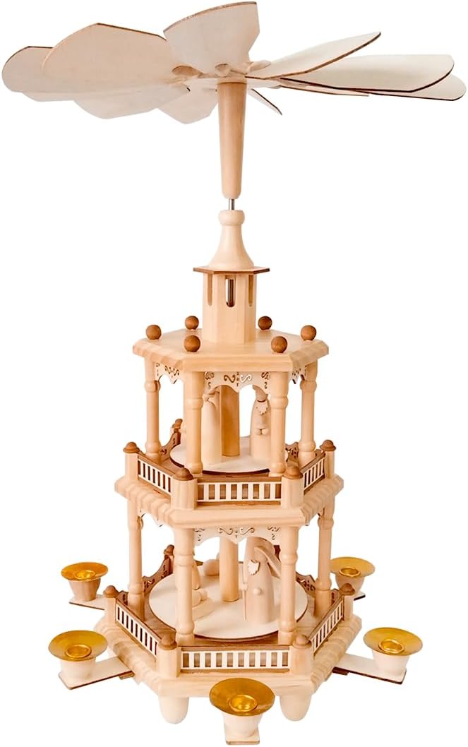 Rotating Christmas Pyramids with 6 Candler Holders-17 Inches-3Tiers Carousel-Wood Nativity Scene Set
