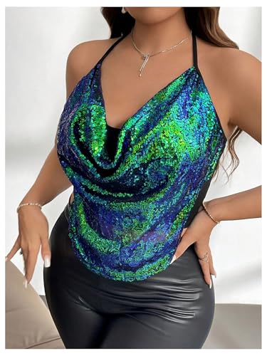 SweatyRocks Women's Plus Size Sparkle Sequin Tops Draped Cowl Neck Sexy Going Out Crop Halter Top2