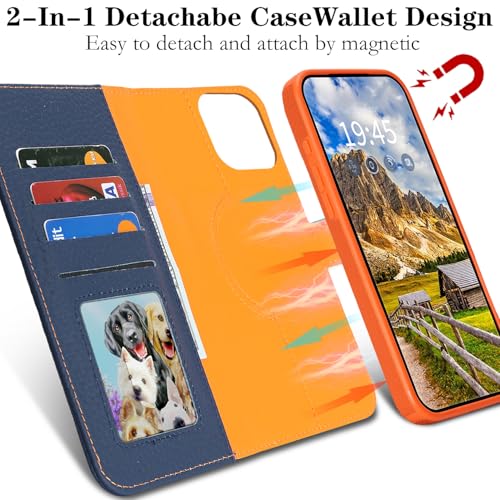 Image of Detachable Genuine Leather Case for iPhone 16 Pro Max Wallet Case Magnetic 2in1 Removable Flip Cover Book Purse Compatible with Magsafe Charging Kickstand Card Holder-Navy Blue+Orange