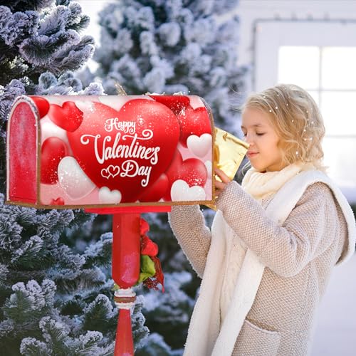 Image of Happy Valentine Mailbox Covers Magnetic Standard Size 21x18 Inch Red and Pink Love Heart Post Letter Box Wrap Sweet Valentines Day Dust-Proof Letterbox Cover for Home Outdoor Garden Decorations