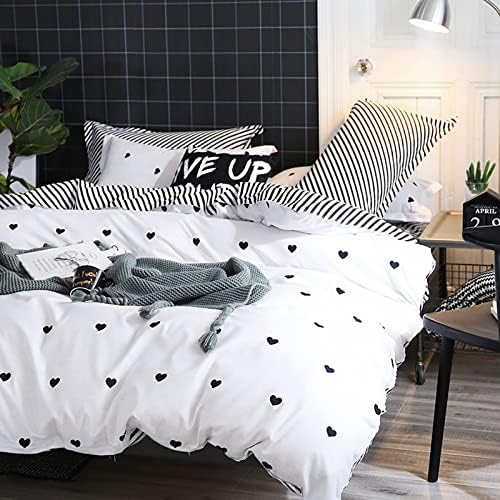 Beyeutao Black White Duvet Cover Set Lovely Heart-Shaped Reversible Geometric Plaid 3PC Bedding Set Stripe Quilt Cover Set Double Size.(White and Black, 3PC&Double)