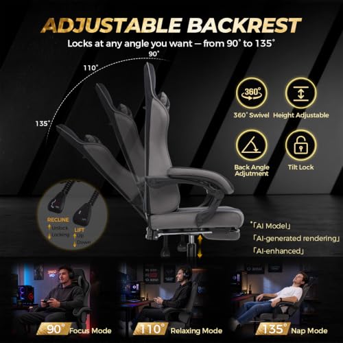 Image of GTPLAYER Video Gaming Chair Fabric, Ergonomic Computer Chair with Footrest and Pocket Spring Cushion, Height Adjustable Video Gamer Chair with Lumbar Support for Adults, Gray