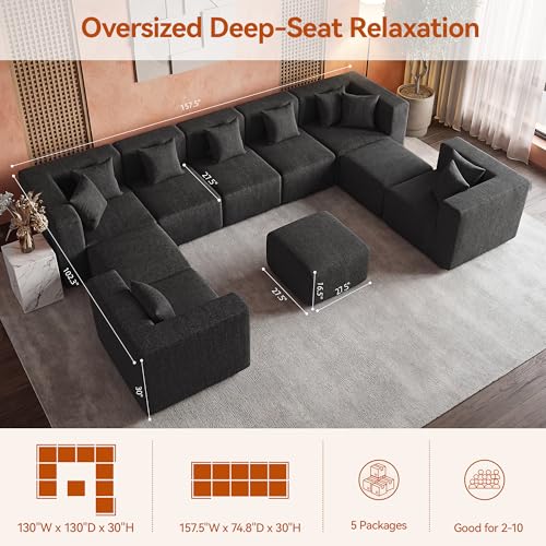 Image of MONVANE Modular Sectional Sofa, Oversized 10 Seat Convertible U Shaped Couch with Ottoman, Comfy Chenille Cloud Couch with Deep Seat, Sectional Couches for Living Room, No Assembly Required, Black