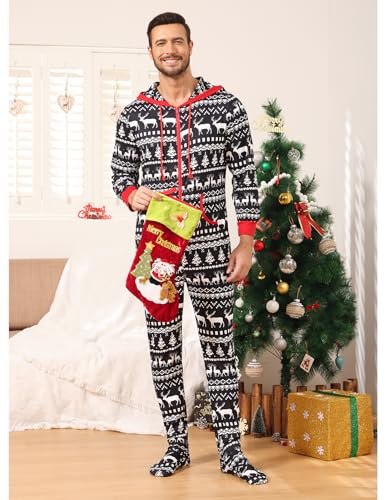 Image of Veseacky Family Christmas Pajamas Matching Sets Adult Onesie Zipper Hooded Footed One-Piece Pjs Jumpsuits