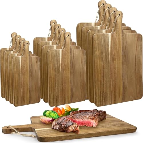 Set of 12 Acacia Wood Cutting Boards with Handle - Versatile Wooden Chopping Boards for Meat, Cheese, Bread, and More (3 Sizes)