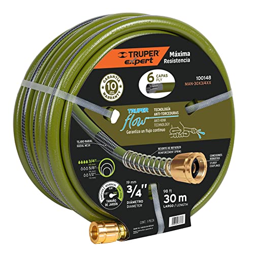 Riego, Tools Truper Expert MAN-30X3/4XX, Manguera 3/4' anti-torceduras 6 conexiones de metal largo de 30 m