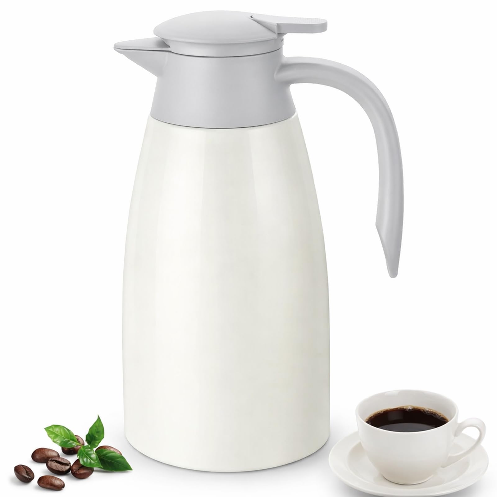 Osrioal 2L Thermal Coffee Pot, Stainless Steel Insulated Coffee Carafe with Press Button Top, Double-Walled Vacuum Jug, for Hot and Cold Drinks, Tea, Water, Beverage, White