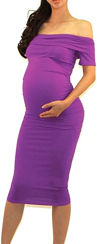 Miniatura 2 de Vivicastle Vestido ajustado de maternidad con hombros descubiertos y volantes para mujer, longitud hasta la rodilla, de EE. UU