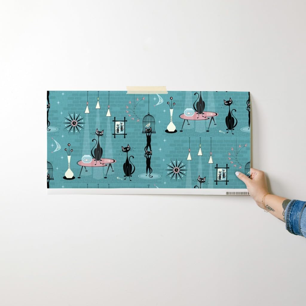 Peel & Stick Wallpaper Swatch - Mid Century Kitty Retro Birds Fish Cat Kitten 1950S Cats Custom Removable Wallpaper by Spoonflower