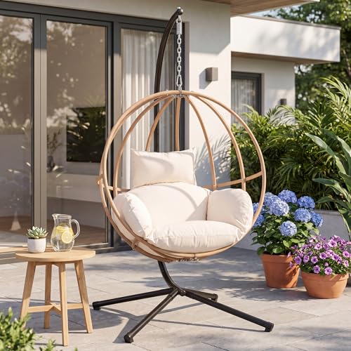 DAYAOUTDOOR Hanging Egg Chair with Stand, Hammock Egg Swing Chair Indoor Outdoor, Patio Hanging Egg Chairs with Cushions for Relaxation in Bedrooms, Balconies, Gardens, Beige