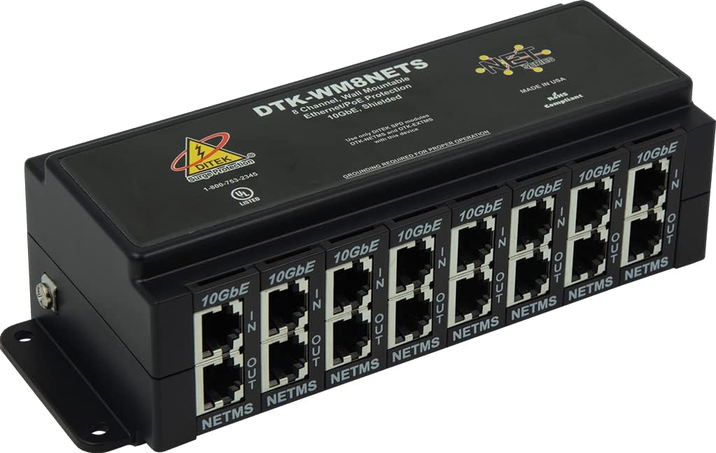 Ditek DTK-WM8NETS 8 Channel Wall Mount Poe Ethernet Protector 1u Shielded Rj45 In/out 10gbe