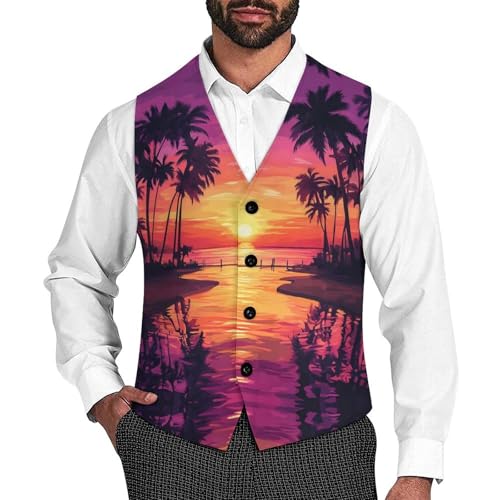 Palms Trees Sunset Trendy Vest Suit for Men V Neck Formal Dress Waistcoat Vests Business Slim Fit