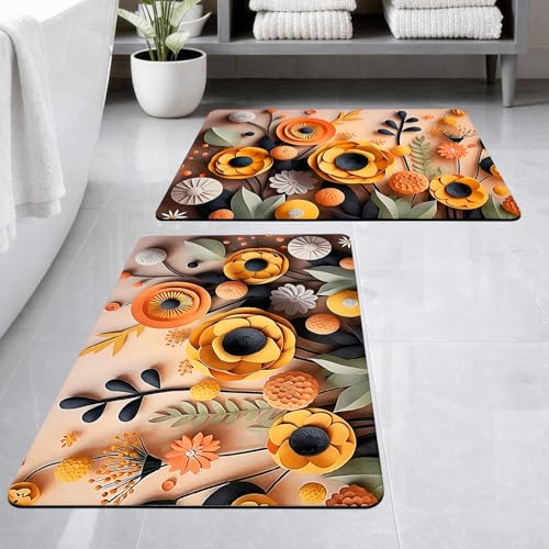 Image of SITTELLA Rubber 2 Pieces Anti-Skid Water Soaking 3D Yellow Flower Print Bathroom Mat, Water Absorbent Mat (40x60cm) (Yellow Flower Print) Rectangular