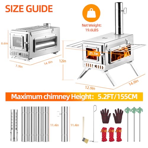 Hot Tent Stove, AVOFOREST 304 Stainless Wood Burning Stove, Portable Wood Stove with 6 Stainless Chimney Pipes for Outdoor Heating & Cooking, Ice Fishing, Hunting - Image 4